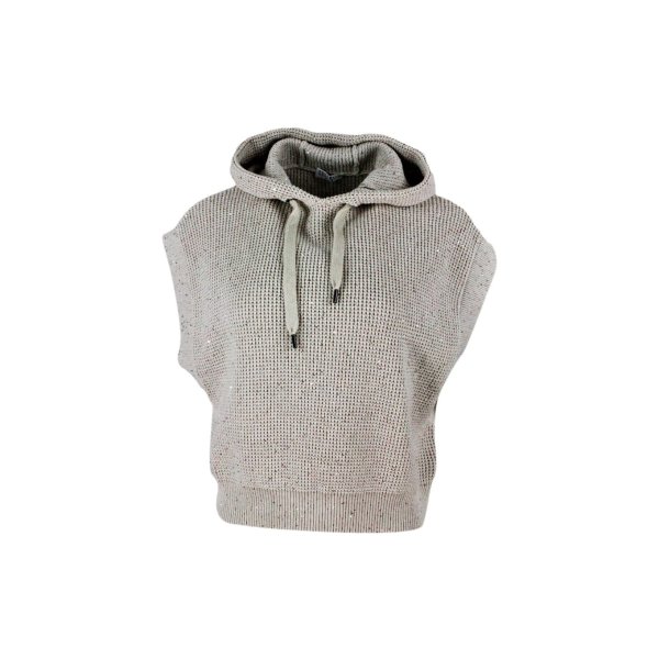 Cropped Sleeveless Sweater With Hood And Adjustable Drawstring In Cotton With English Rib Knit Embellished With Sequins