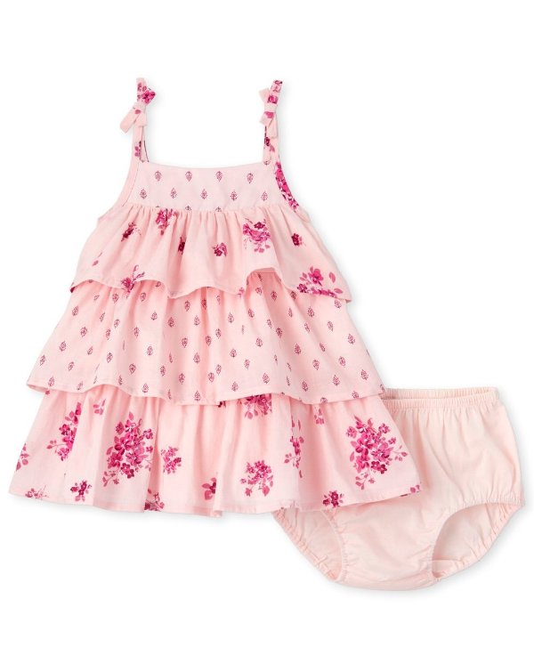 Baby Girls Sleeveless Floral And Dot Print Knit Tiered Dress And Bloomers Set