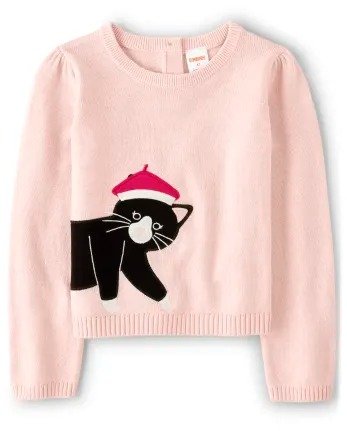 Girls Long Sleeve Embroidered Cat Patch Sweater - Puuurfect In Paris