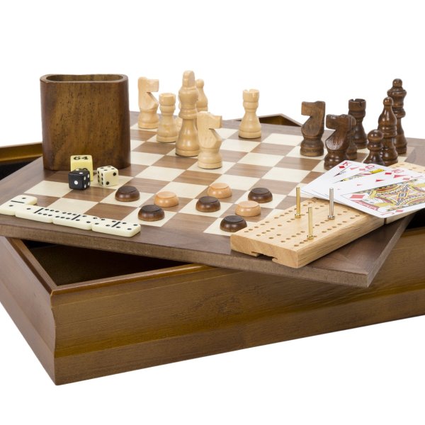 7-in-1 Classic Wooden Board Game Set – Old Fashioned Family Game Night Cards, Dice, Chess, Checkers, Backgammon, Dominoes and Cribbage by Hey! Play!