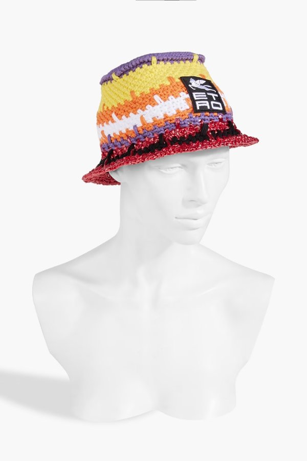 Logo-appliqued striped crocheted cotton-blend and faux raffia bucket hat