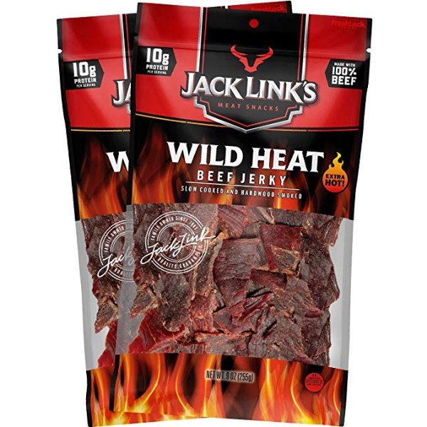 Jack Link’s Beef Jerky, Wild Heat, 9 oz. Bag, 2 Count – Spicy Meat Snack, 10g of Protein and 80 Calories, Made with 100% Premium Beef – No Added MSG or Nitrates/Nitrites