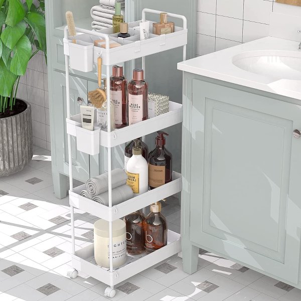 Slim Storage Cart, 4 Tier Utility Rolling Cart with Wheels Mobile Slide Out Storage Organizer Cart with Handle Hanging Cups Dividers for Bathroom Laundry Room Kitchen Office Narrow Place, White