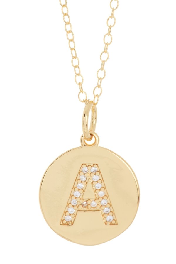 14K Gold Plated Sterling Silver CZ Initial Disc Pendant Necklace