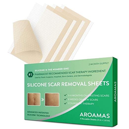 Aroamas, Silicone Scar Removal Sheets - for Keloid, C-Section, Hypertrophic, Surgical Scars and More Reusable and Washable 3"×1.57", 4 Sheets (2 Month Supply)
