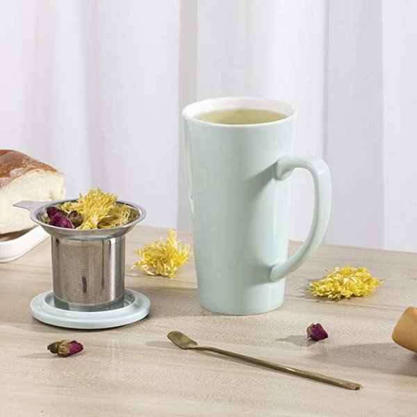 Tea Cups with Infuser and Lid, Tea Infuser, Tea Filters 19 Oz Large Ceramic Tea Mug, Tea Strainer Cup with Tea Bag Holder for Loose Tea, Porcelain Tea Steeping Mug Green