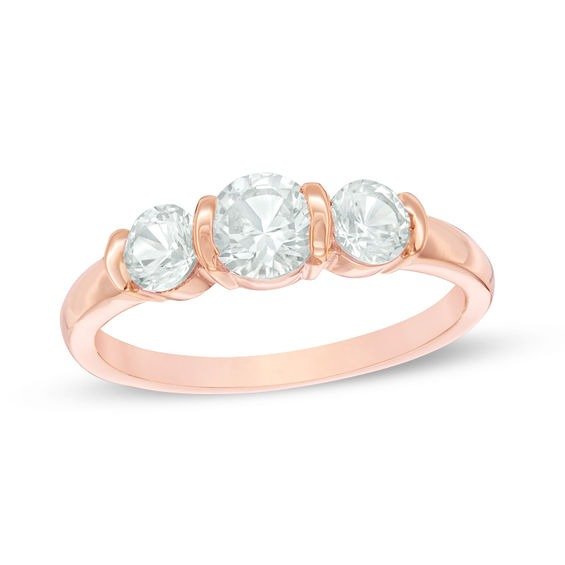 Lab-Created White Sapphire Three Stone Collar Engagement Ring in Sterling Silver with 14K Rose Gold Plate|Zales