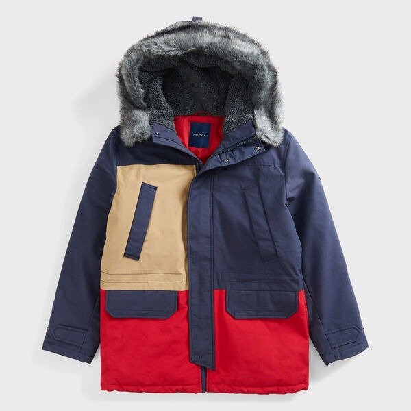 SUSTAINABLY CRAFTED COLORBLOCK FAUX FUR TRIMMED PARKA
