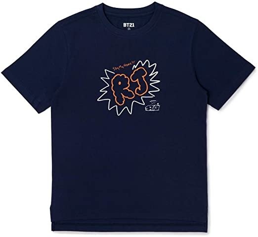 BT21 Official Merchandise RJ Character Unisex Doodling Lettering Artwork Graphic T-Shirt, Medium, Navy
