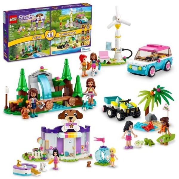 Friends 66710, 4-in-1 Building Toy Gift Set: Doggy Day Care, Turtle Protection Vehicle, Forest Waterfall and Olivia's Electric Car