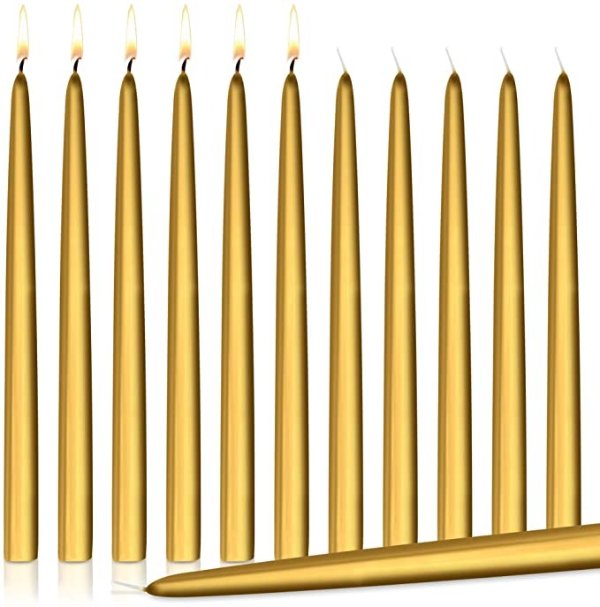 Higlow Dripless Taper Candles 8" Inch Tall Wedding Dinner Candle Set of 12 (Gold)
