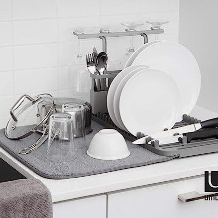 UDRY Rack and Microfiber Dish Drying Mat-Space-Saving Lightweight Design Folds Up for Easy Storage, Deluxe, Charcoal