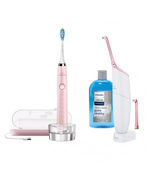 Philips2019全新款钻石靓白电动牙刷HX9361/62+ 空气牙线洁牙器HX8432/12（含漱口水） - 粉色套装