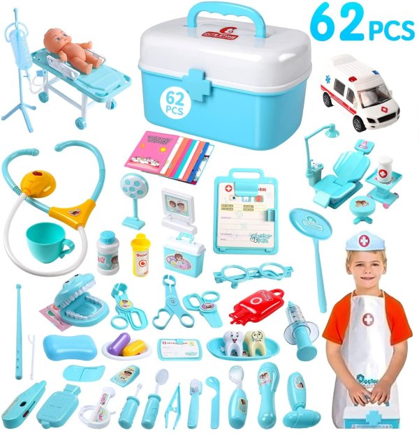 CUTE STONE 62Pcs Toy Doctors Kit Kids, Doctor Playset with Dentist Toys, Doll, Ambulance and Carrying Case, Pretend Play Toy Medical Kits, Toddler Doctor Toys for Boys & Girls