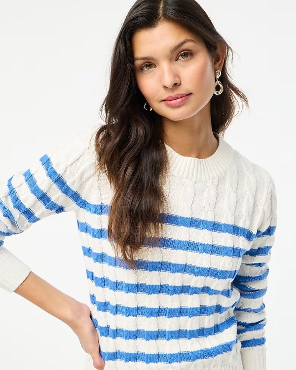 Striped cable crewneck sweater