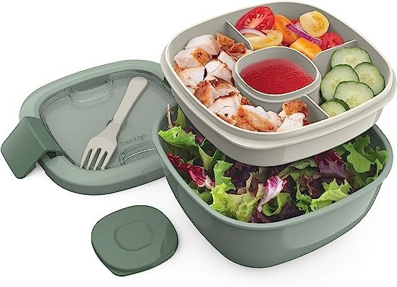 ® Salad - Stackable Lunch Container with Large 54-oz Salad Bowl, 4-Compartment Bento-Style Tray for Toppings, 3-oz Sauce Container for Dressings, Built-In Reusable Fork & BPA-Free (Khaki Green)