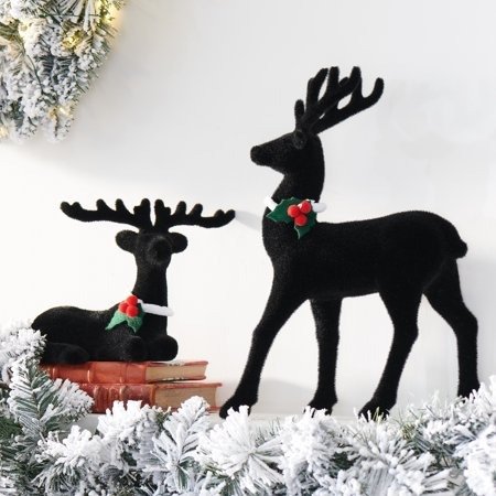 Black Flocked Reindeer Table-Top Christmas Decoration, Set of 2