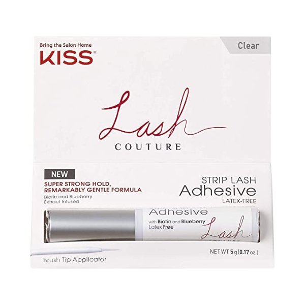 Lash Couture Clear Strip Lash Adhesive with Biotin & Blueberry Extract, Latex-Free, Dermatologist Tested, Contact Lens Friendly, Strong Hold, Gentle Formula, with Brush Tip Applicator, 0.17 Oz.