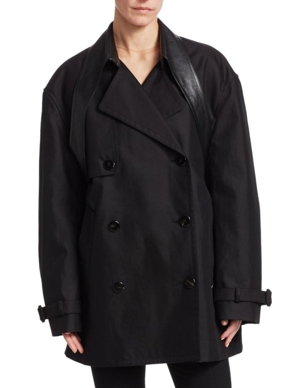 - Leather Belt Collar Cotton-Blend Trench Coat