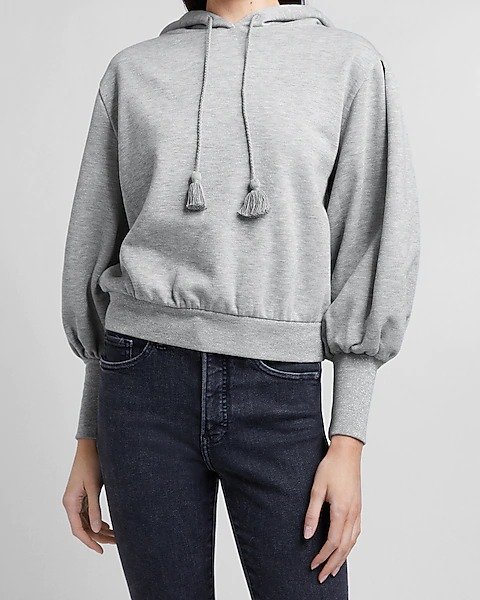 Metallic Shine Puff Sleeve Hooded Sweatshirt