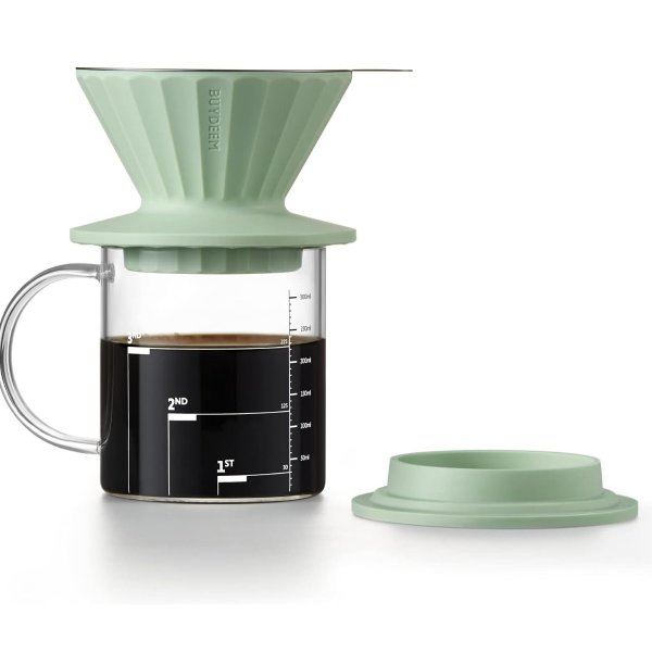 Pour Over Coffee Maker, CD1024B, BPA Free Food Grade Silicone Coffee Dripper Set, Reusable Stainless Steel Coffee Filter for Single Cup, Perfect for Home, Travel, Outdoor 12 oz, Cozy Greenish