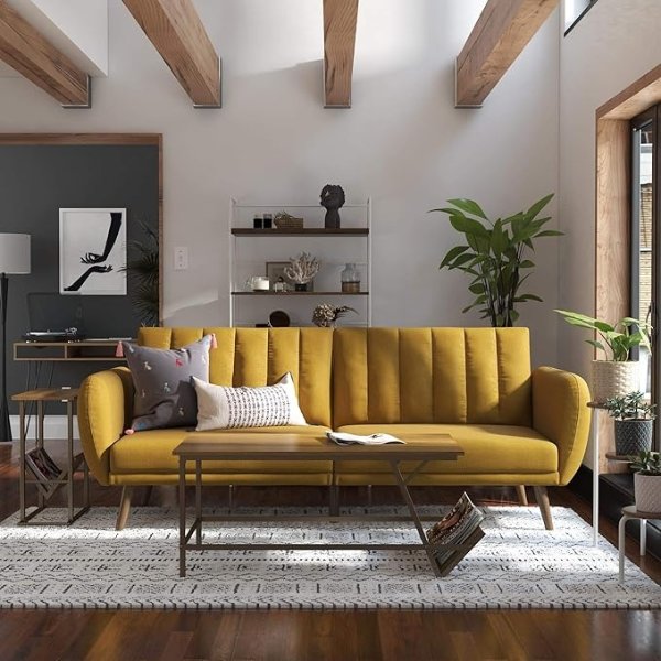 Brittany Sofa Futon - Premium Upholstery and Wooden Legs - Mustard