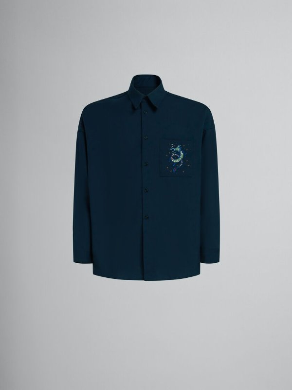 Deep blue wool shirt with embroidered dragon