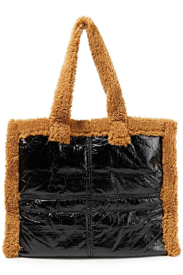 Lolita faux shearling-trimmed faux patent-leather tote