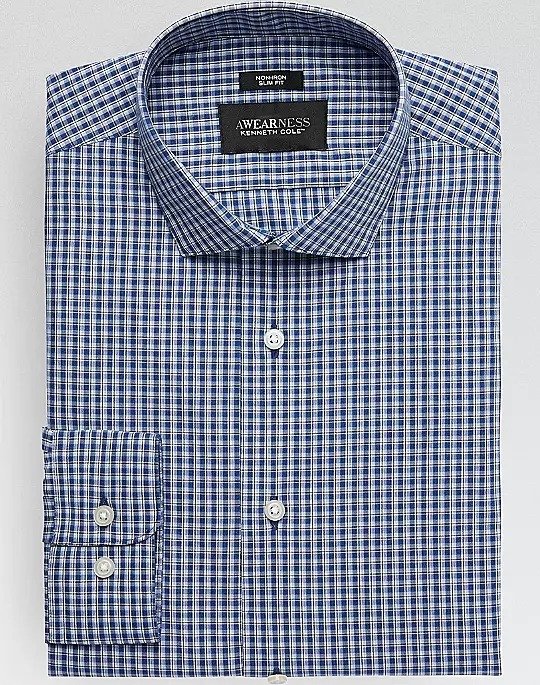 Awearness Kenneth Cole Blue Plaid Slim Fit Dress Shirt