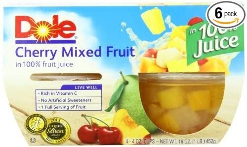 FRUIT BOWLS Cherry Mixed Fruit in 100% Fruit Juice, 4 Ounce, 4 Count (Pack of 6)