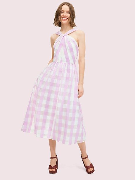 粉白格纹连衣裙