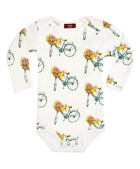 White & Green Floral Bicycle Long-Sleeve Bodysuit - Infant