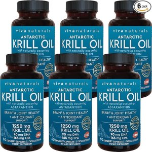Viva NaturalsAntarctic Krill Oil 1250 mg, Omega 3 EPA DHA and Astaxanthin, Joint Support and Brain Supplement with Antioxidant Properties, No Fishy Aftertaste (6 Pack)