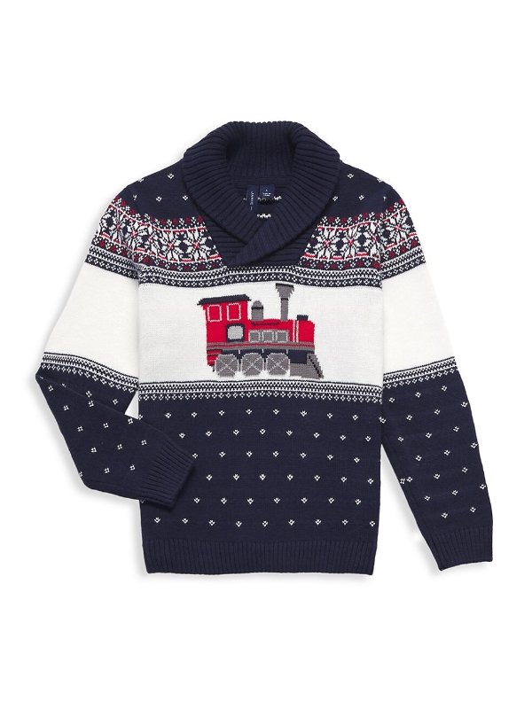 Little Boy's Train Intarsia Shawl Collar Sweater