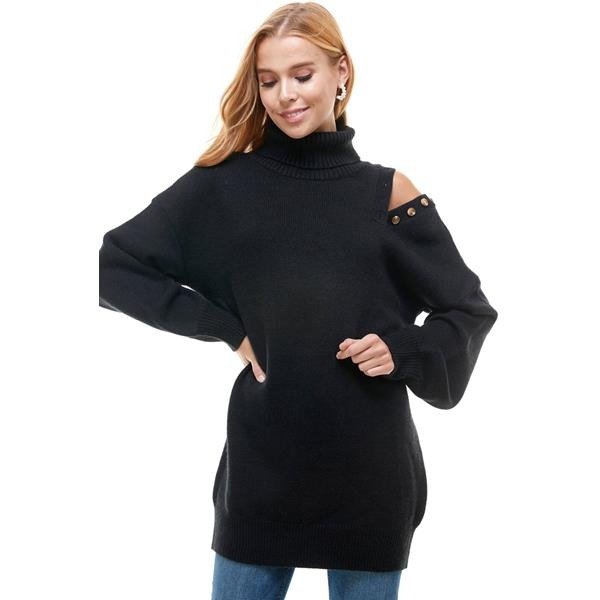 Cut-Out Button Turtleneck Sweater