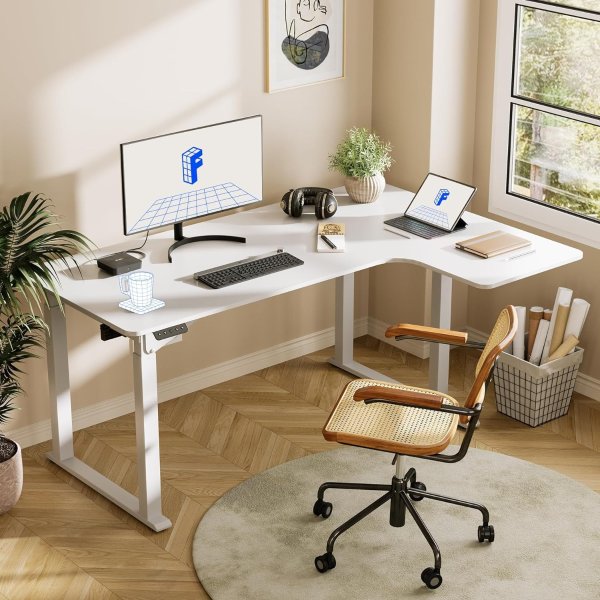Dual Motor 4 Legs L Shaped Standing Desk Corner Desk Computer Electric Sit Stand Up Desk Height Adjustable Desk Home Office Table with Splice Board, 63x43 White