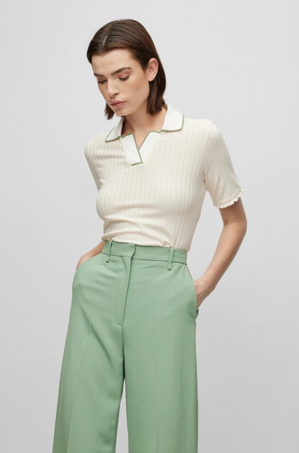 Ribbed T-shirt with open polo collar and contrast tipping