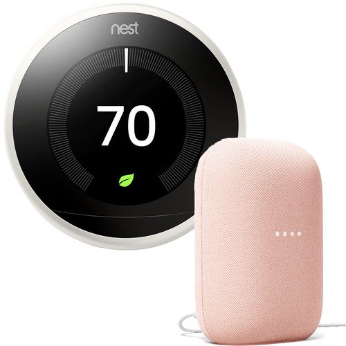 3rd Generation Learning Thermostat in White + Nest Audio Smart Speaker in Sand