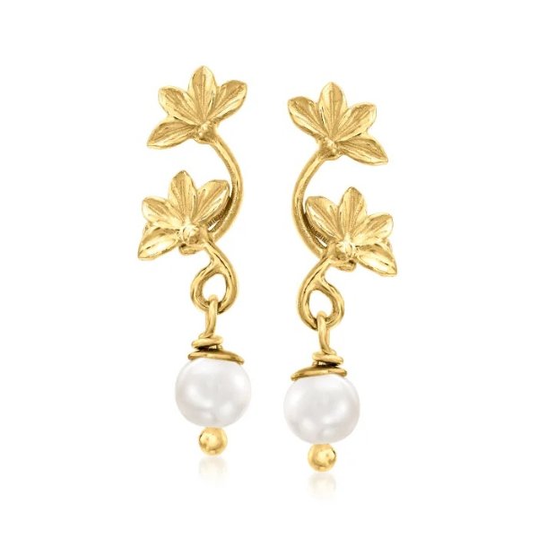 Italian 5mm Cultured Pearl Lotus Flower Drop Earrings in 18kt Gold Over Sterling | Ross-Simons