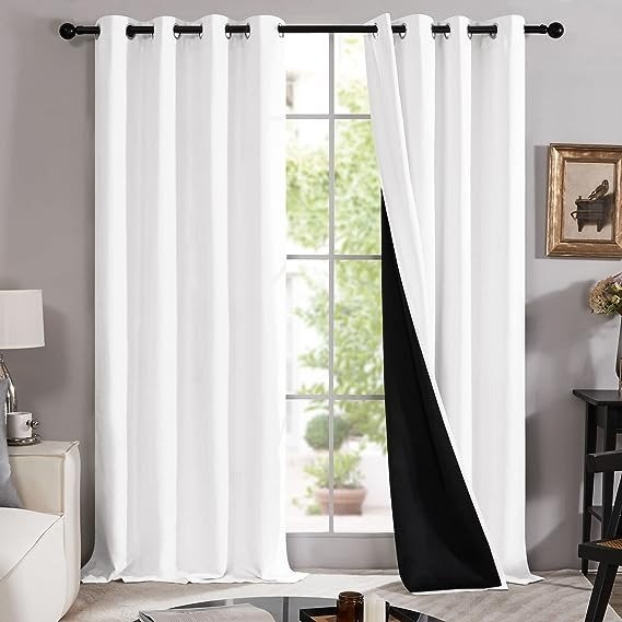 White 100% Blackout Curtains 95 Inches Long, 2 Thick Layers Completely Blackout Window Panels, Room Darkening Lined Drapes for Large Windows (Pure White, 2 Panels, 52W x 95L Inches)