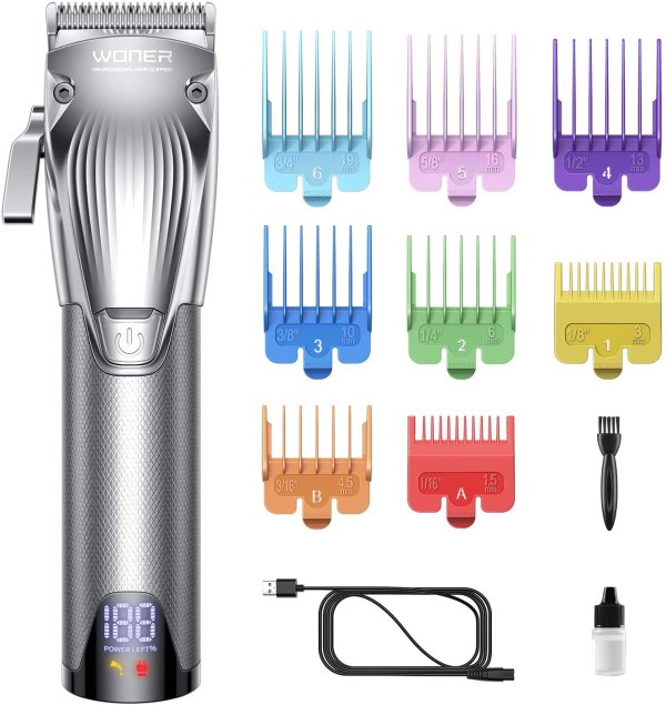 WONER Hair Clippers for Men, Professional Cordless Hair Trimmer with Color Guard Combs,12-Piece