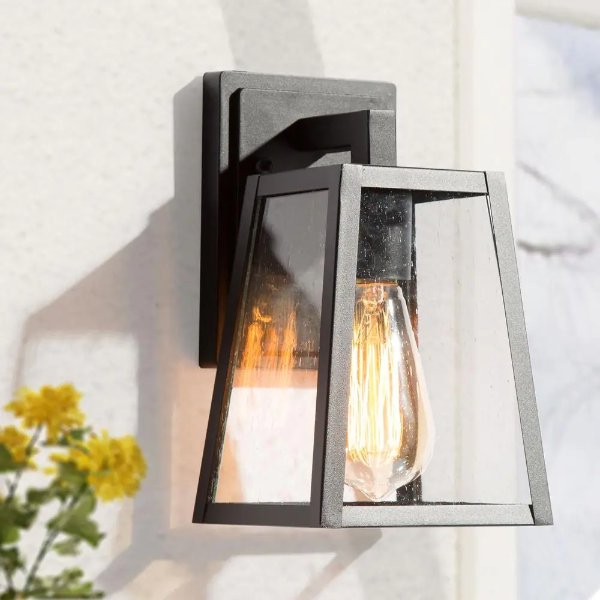 Modern Matte Black 1-Light Lantern Outdoor Sconce Industrial Linear Outdoor Wall Light with Seeded Glass Shade