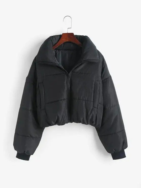Zip Up Pockets Padded Coat BLACK