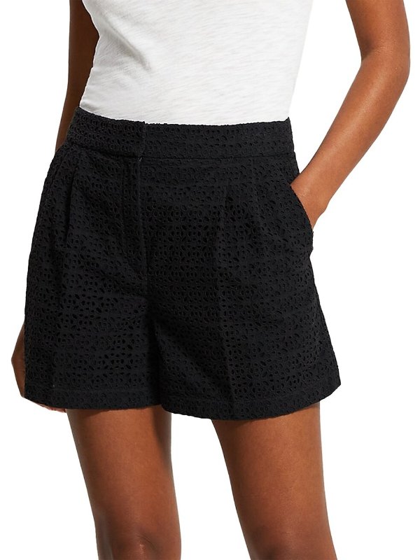 Double Pleated-Front Eyelet Lace Shorts