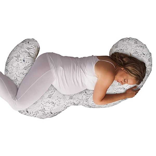 Boppy Total Body Pregnancy Pillow with Easy-on Removable Pillow Cover in Gray Scattered Leaves for Full-body Support, Body Pillow for Pregnancy and Postpartum Positioning