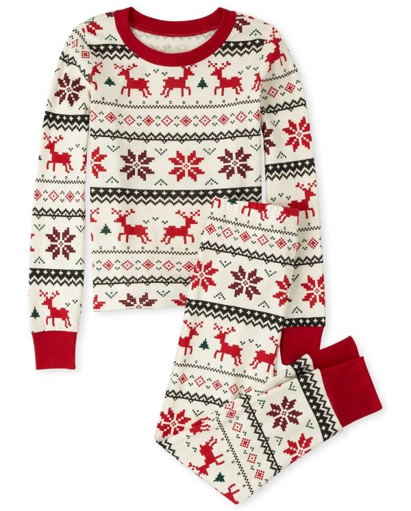 Unisex Kids Matching Family Christmas Long Sleeve Reindeer Fairisle Snug Fit Cotton Pajamas