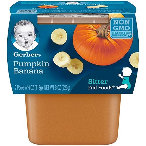 Gerber 2nd Foods Pumpkin & Banana Pureed Baby Food, 4 Ounce Tubs, 2 Count (Pack of 8)