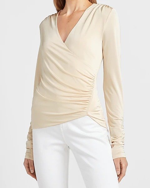 Ruched Wrap Front V-neck Tee