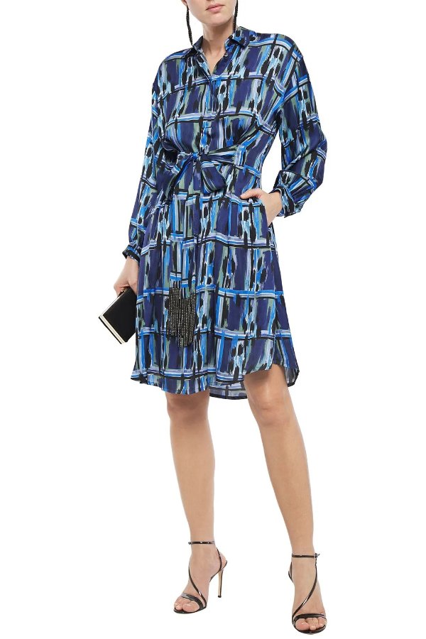 Belted printed cady shirt dress