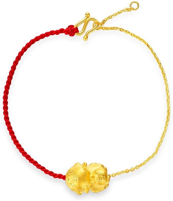 999 Pure 24K Gold Year of Tiger Red Line with Never Full Fortune Bag Bracelet